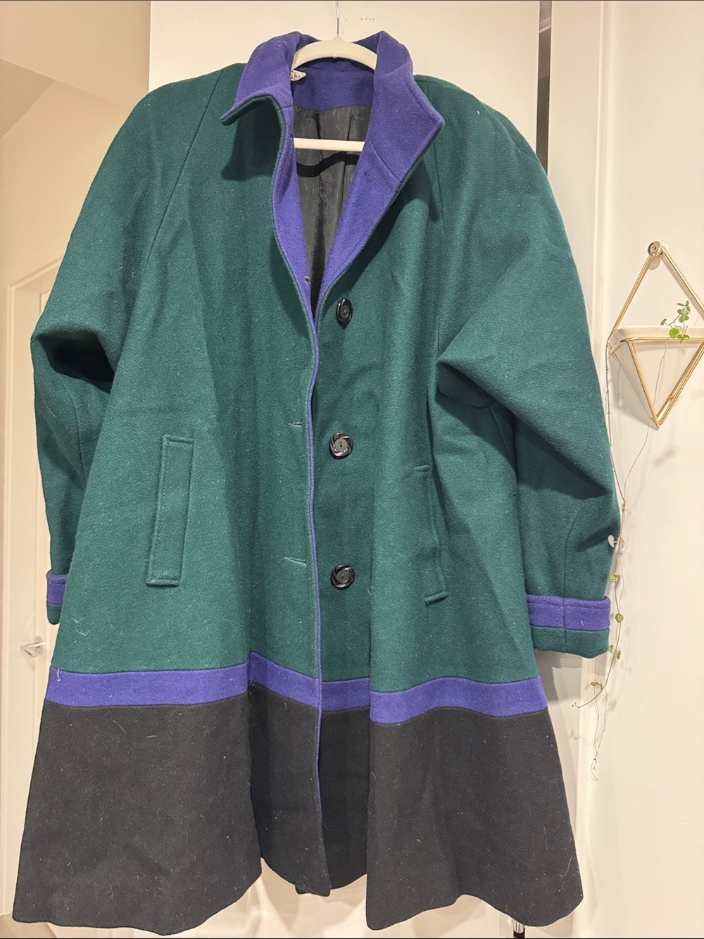 Vintage Women’s Colorblock Wool Coat in Green, Purple & Black